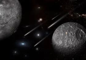 Dark space scene featuring two large asteroids in the foreground, with shooting stars and distant stars scattered across the background