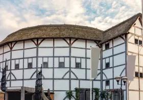 Close-up of Shakespeare’s Globe theatre in London, showing its distinctive timber-framed architecture