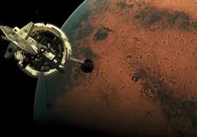 A futuristic space station orbits the planet Mars, showcasing its detailed modules and solar panels against the red, cratered surface of Mars and the dark expanse of space.