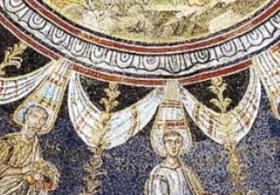 Byzantine mosaic depicting haloed male figures in robes beneath an ornate circular design with drapery and gold detailing.
