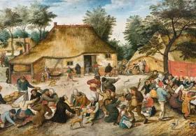An oil painting depicting a lively 17th-century Flemish peasant wedding celebration with numerous figures eating, drinking, dancing, and socializing in front of thatched-roof buildings and trees.