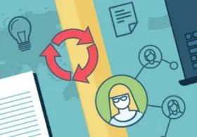 An illustration depicting various elements related to learning, technology, and collaboration, including a book, a laptop, a lightbulb, speech bubbles, documents, a recycling symbol, a world map, and connected person icons.