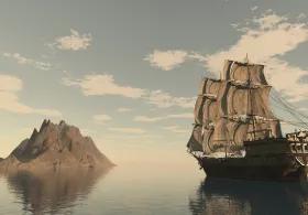 A large, multi-masted pirate ship with full sails floats on calm water near a rocky island under a cloudy sky.