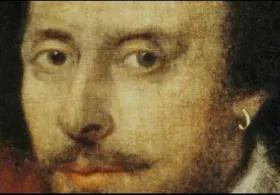 A close-up portrait of William Shakespeare, depicting a man with dark, curly hair, a beard and mustache, and wearing a single hoop earring in his left ear.