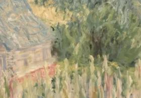 An Impressionist painting depicting a house with a visible roof and a surrounding landscape of lush green trees and foliage, rendered with visible brushstrokes.