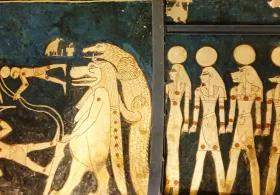 Bottom up view of a panel in the painted ceiling depicting a star chart with Goddesses Tawret and Sobek in the Tomb of Seti I, KV17 at the Theban necropolis in the Valley of Kings in Luxor, Egypt