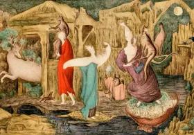 A surrealist lithograph titled "Tuesday" by Leonora Carrington depicts a fantastical dreamscape populated by mythological figures, a large white deer, various cats, and other creatures set against a backdrop of thatched-roof structures and a full moon.