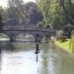 A person punting along a river toward a stone footbridge, with trees and greenery surrounding the water on a sunny day