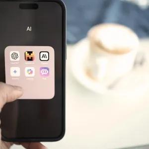 A person holding a mobile phone displaying AI-related apps including ChatGPT, with a blurred background showing a coffee on a table