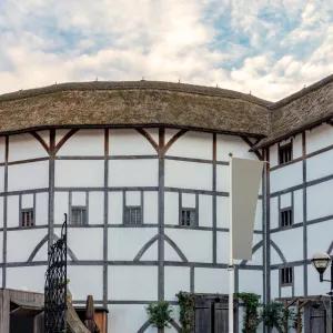 Close-up of Shakespeare’s Globe theatre in London, showing its distinctive timber-framed architecture