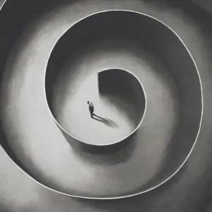 Illustration of a person standing in the middle of a spiral maze, depicted from an aerial perspective.. 