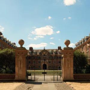 The exterior of St Catherine's College shown through the gates.