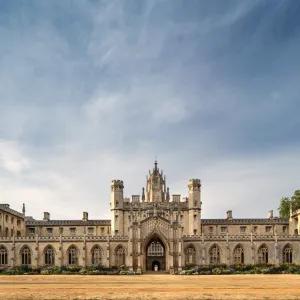 The exterior of St John's College against a blue sky. 