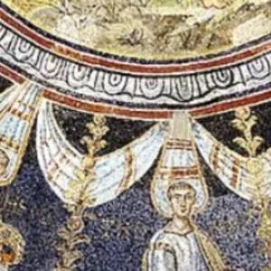 Byzantine mosaic depicting haloed male figures in robes beneath an ornate circular design with drapery and gold detailing.