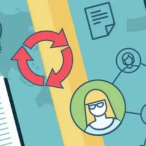 An illustration depicting various elements related to learning, technology, and collaboration, including a book, a laptop, a lightbulb, speech bubbles, documents, a recycling symbol, a world map, and connected person icons.