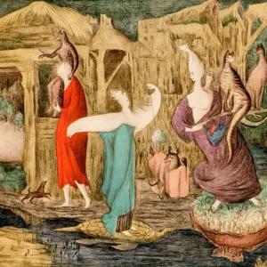 A surrealist lithograph titled "Tuesday" by Leonora Carrington depicts a fantastical dreamscape populated by mythological figures, a large white deer, various cats, and other creatures set against a backdrop of thatched-roof structures and a full moon.