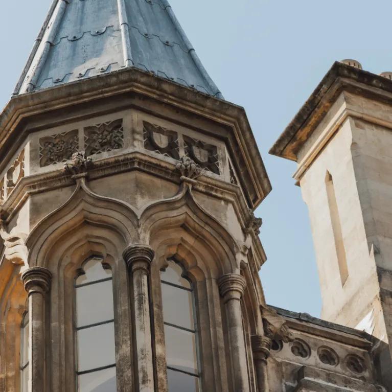 Architecture of Cambridge with blue sky behind