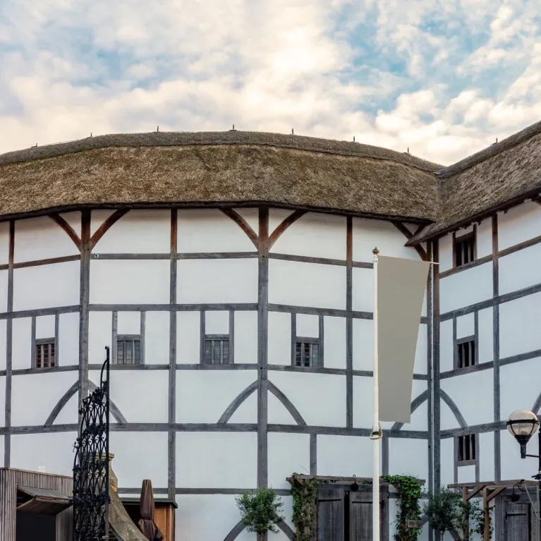 Close-up of Shakespeare’s Globe theatre in London, showing its distinctive timber-framed architecture