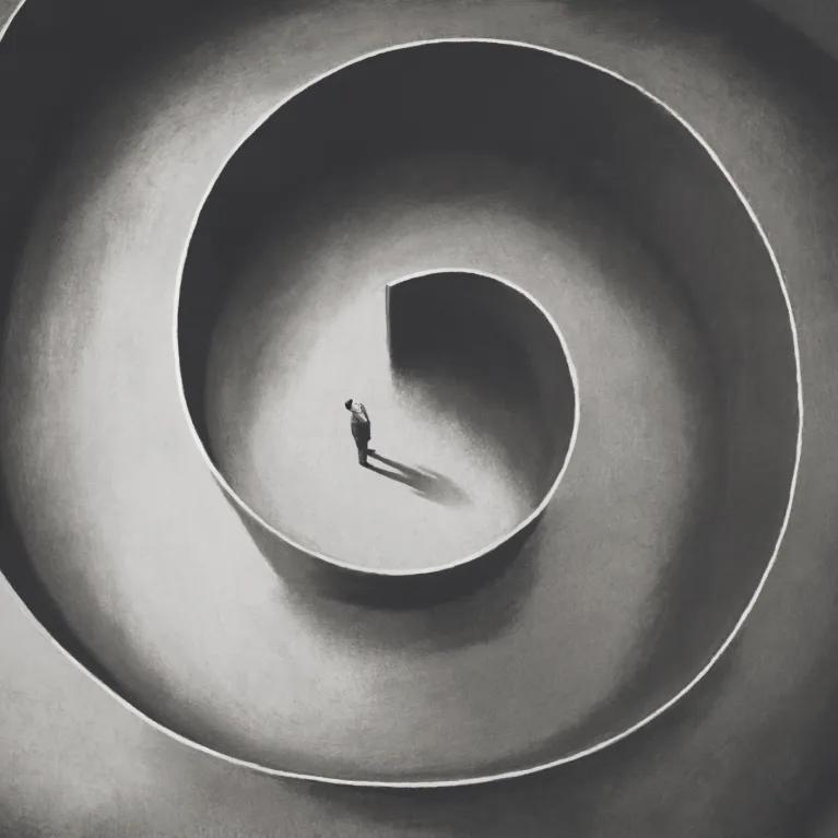 Illustration of a person standing in the middle of a spiral maze, depicted from an aerial perspective.. 