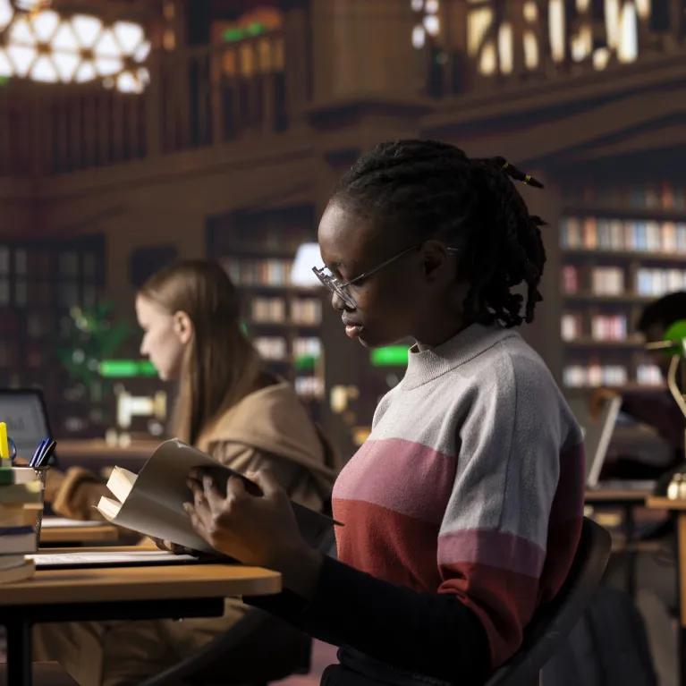 Students reading and working at desks in a quiet library setting, surrounded by shelves of books