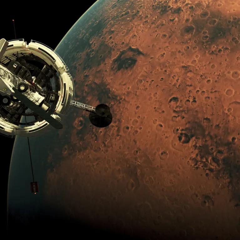 A futuristic space station orbits the planet Mars, showcasing its detailed modules and solar panels against the red, cratered surface of Mars and the dark expanse of space.