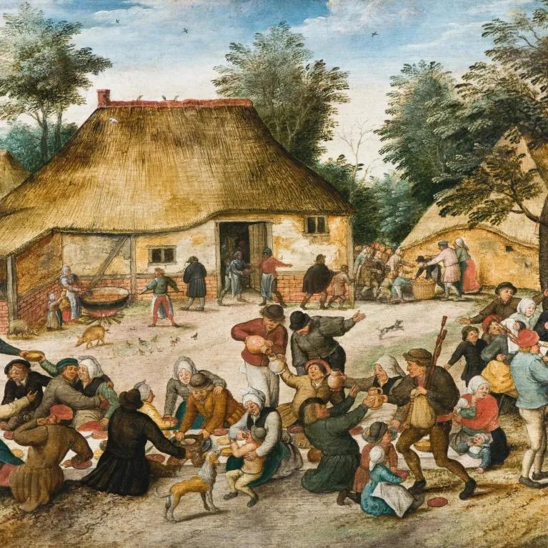 An oil painting depicting a lively 17th-century Flemish peasant wedding celebration with numerous figures eating, drinking, dancing, and socializing in front of thatched-roof buildings and trees.