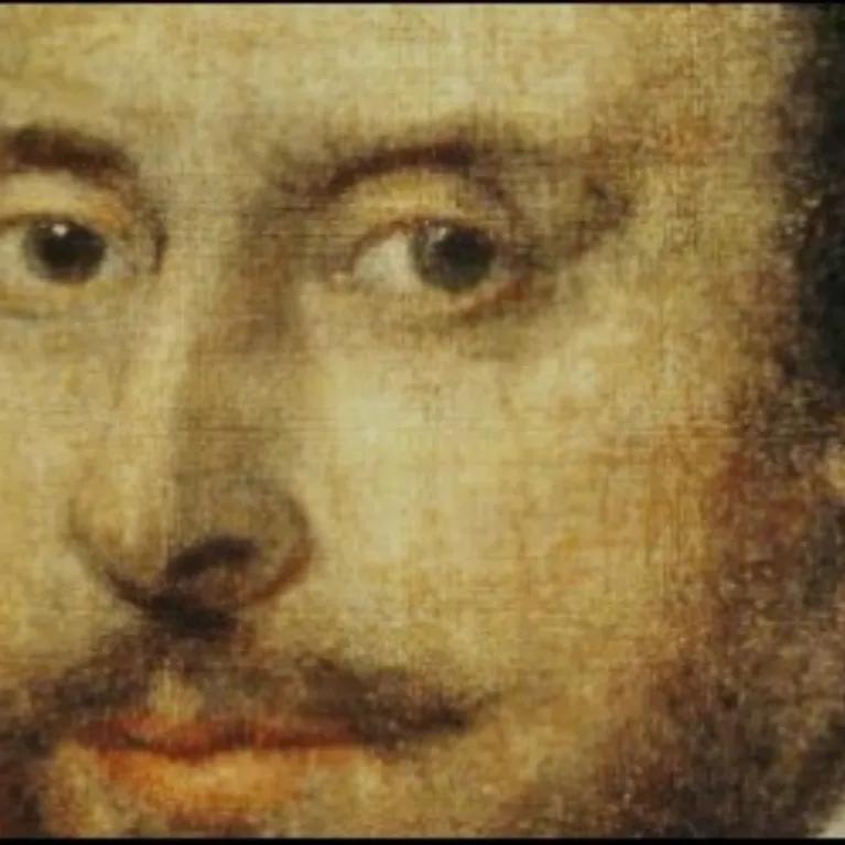 A close-up portrait of William Shakespeare, depicting a man with dark, curly hair, a beard and mustache, and wearing a single hoop earring in his left ear.