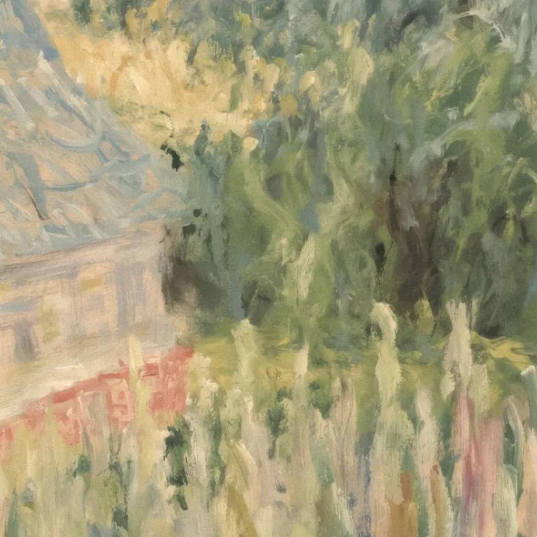 An Impressionist painting depicting a house with a visible roof and a surrounding landscape of lush green trees and foliage, rendered with visible brushstrokes.