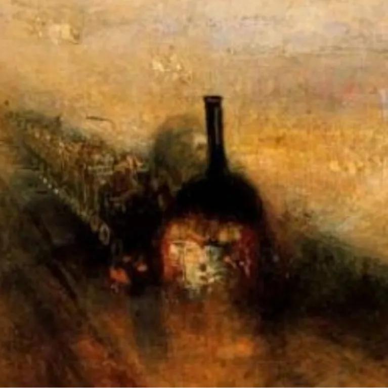 Impressionistic painting of a steam train emerging through rain and mist, moving rapidly along railway tracks.