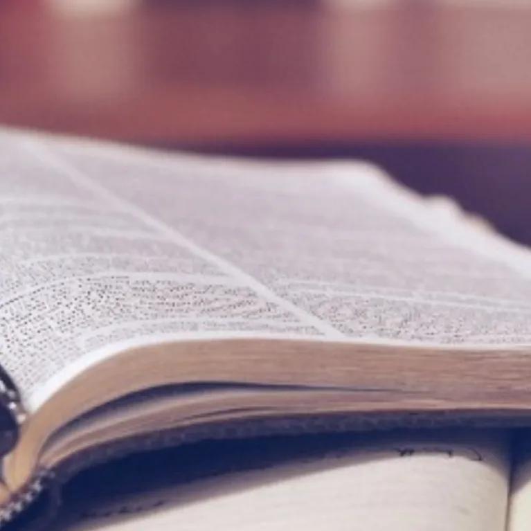 Open philosophical book with a pen resting in the center, pages slightly curved, and a softly blurred background.