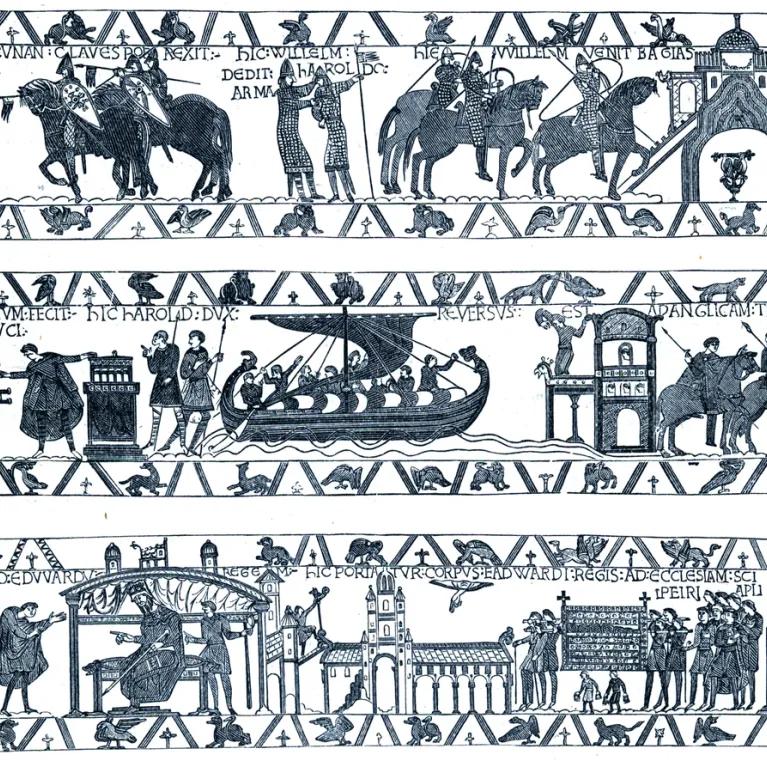 The Bayeux Tapestry is 70 metres long and 50 centimetres tall that depicts the events leading up to the Norman Conquest of England in 1066, led by William, Duke of Normandy challenging Harold II, King of England, and culminating in the Battle of Hasting.