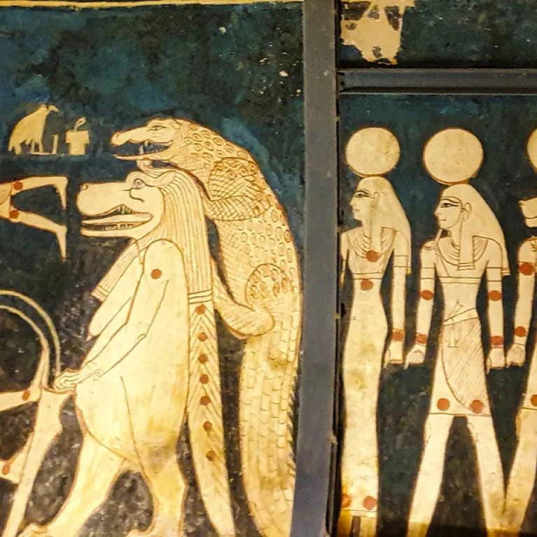 Bottom up view of a panel in the painted ceiling depicting a star chart with Goddesses Tawret and Sobek in the Tomb of Seti I, KV17 at the Theban necropolis in the Valley of Kings in Luxor, Egypt