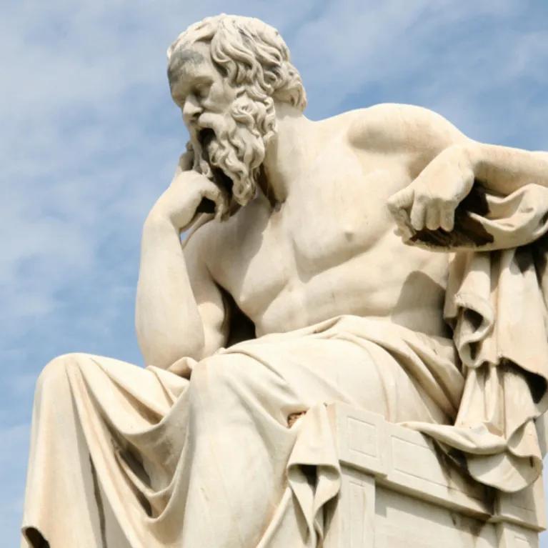 (469–399 BC), ancient Athenian philosopher. This is his statue, located before the Academy of Athens, Greece.