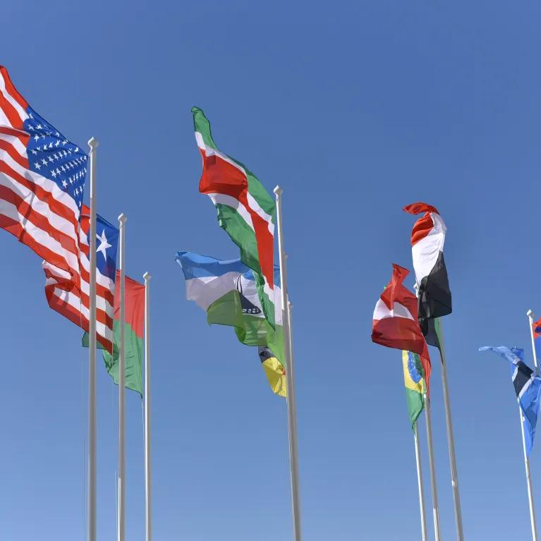 Multiple national flags from various countries, wave in the wind against a clear blue sky.