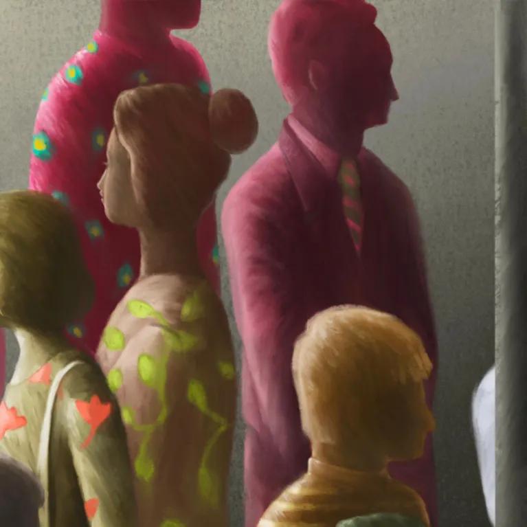 A digital illustration of faceless people in different colours milling about in a crowd.