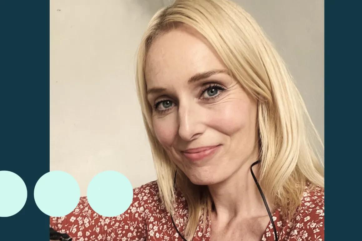 Blonde woman smiling in selfie